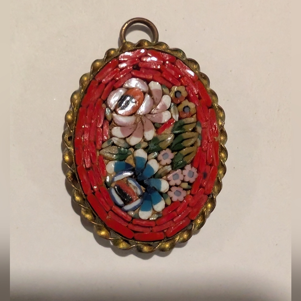 Vintage Italian Glass Micro Mosaic Red Floral Flower Estate Brooch Pendant.